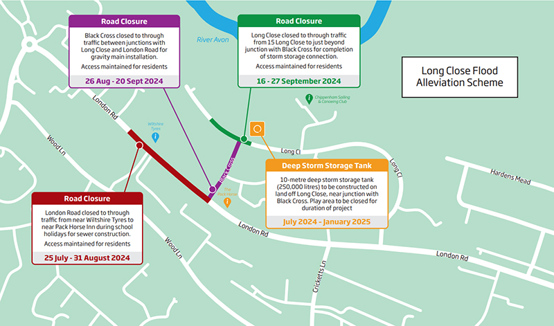 Map showing road closures in Chippenham