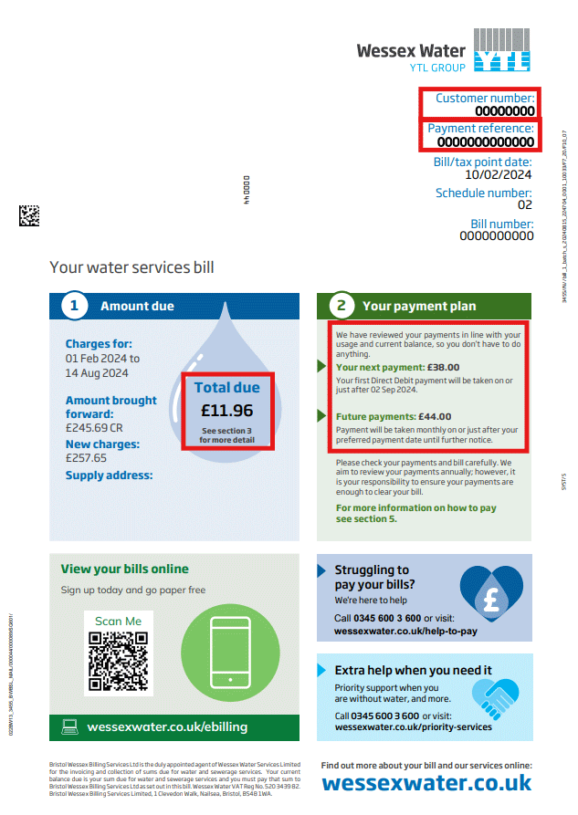 An example of a metered water bill showing amount due and your payment plan